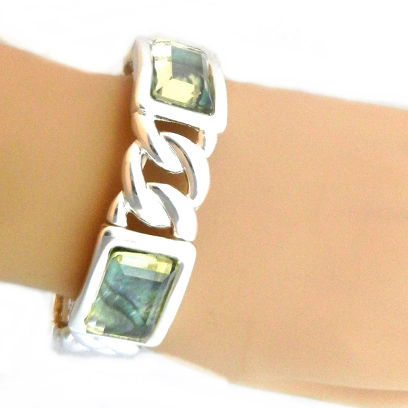 Jewelry - Stretch Bracelet-Abalone Look Stone Silver Chain